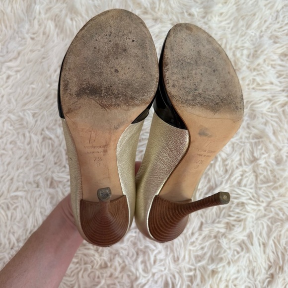 Giuseppe Zanotti Peep Toe Gold Black Patent leather Stiletto Pump SZ 37.5 B sexy - Picture 12 of 13